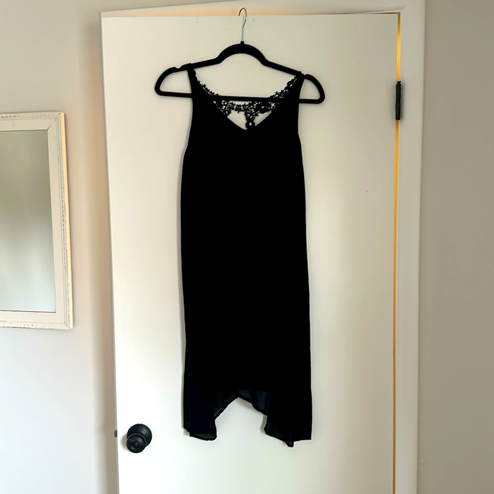 ***LITTLE BLACK DRESS*** Black, v-cut neckline, asymmetrical hem, short, lace